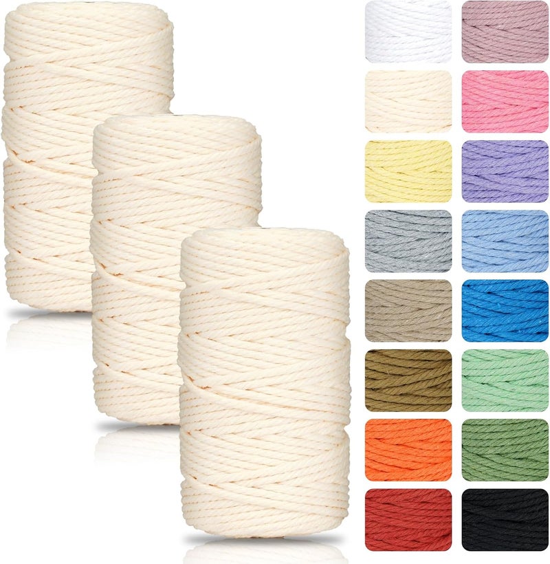 PHUNTTEK Macrame Cord 3mm x 164 Yards, 3 Rolls Beige Colored Macrame Cotton Cord Rope Kit Macrame Yarns Bulk String 4 Strands Twisted for Wall Hanger Plant Hanging DIY Crafts Knitting Macrame Supplies - Image 1